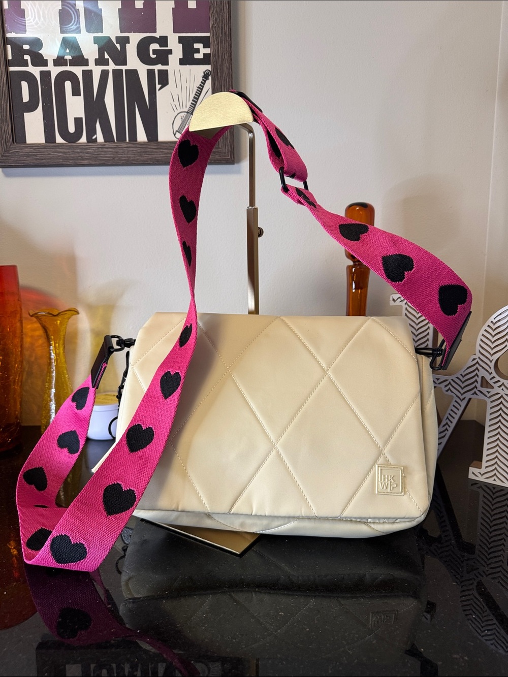 IHKWIP Cream Quilted Shoulder Bag with Pink Heart Strap